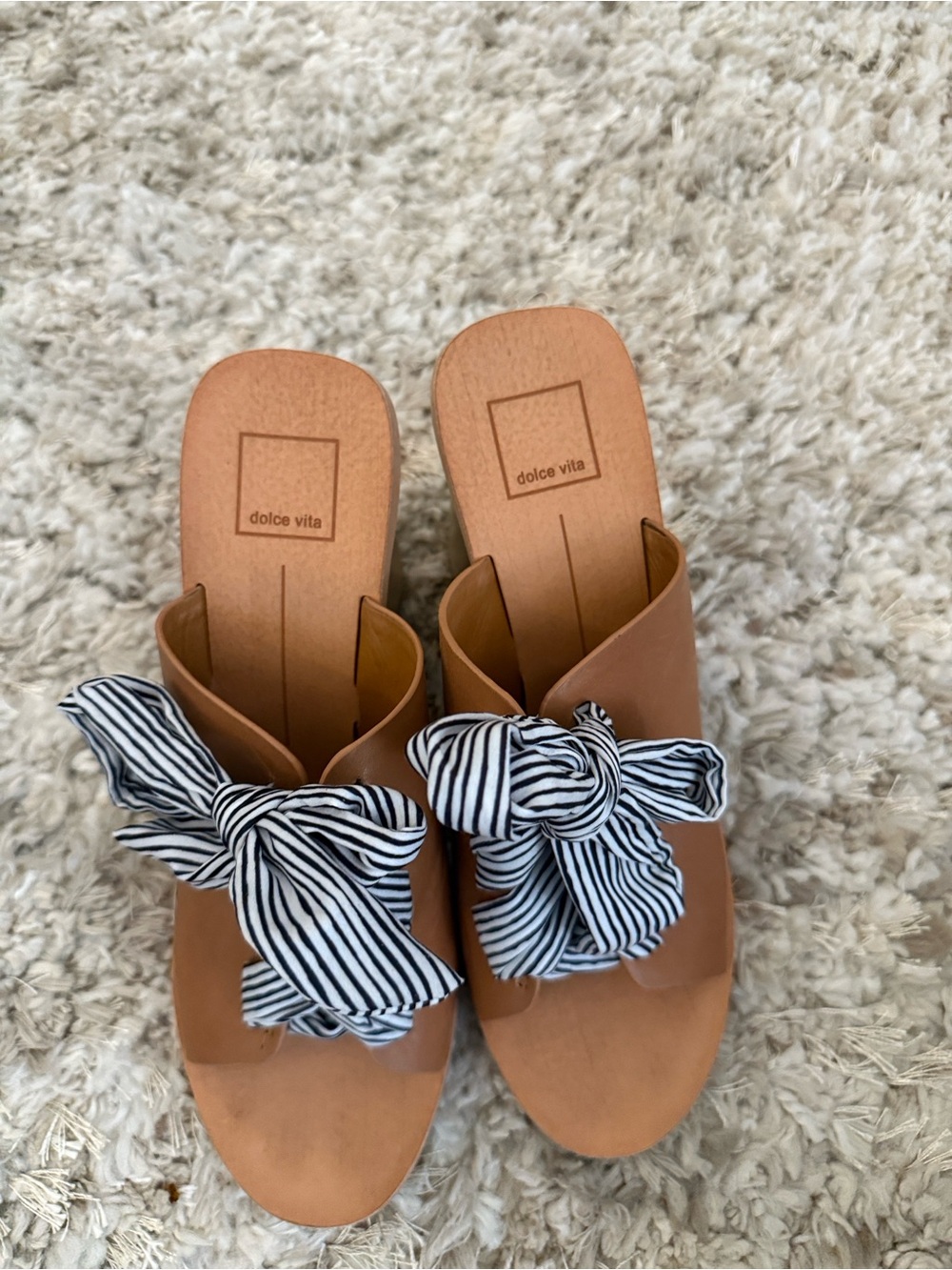 Dolce Vita Tan Slide Mules with Black-and-White Striped Bow